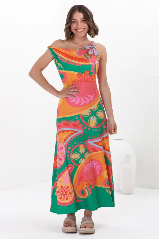 Rosalia Maxi Dress - Asymmetric Neckline Twist Sleeve A-Line Dress in Andrina Print sold by Salty Crush