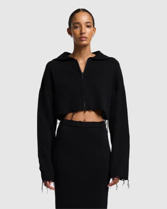 Distressed Knit Cropped Hoodie in Black sold by 7 For All Mankind