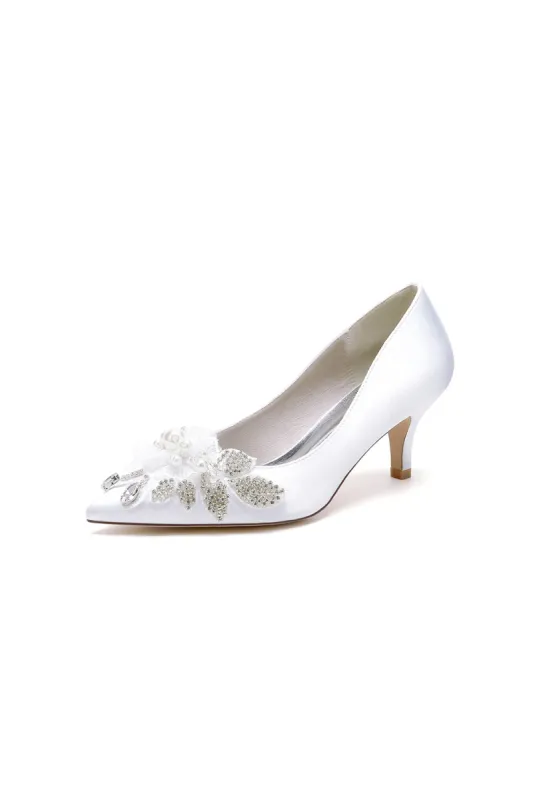 Floral Beading Pointed Toe Satin Kitten Heels sold by KissProm