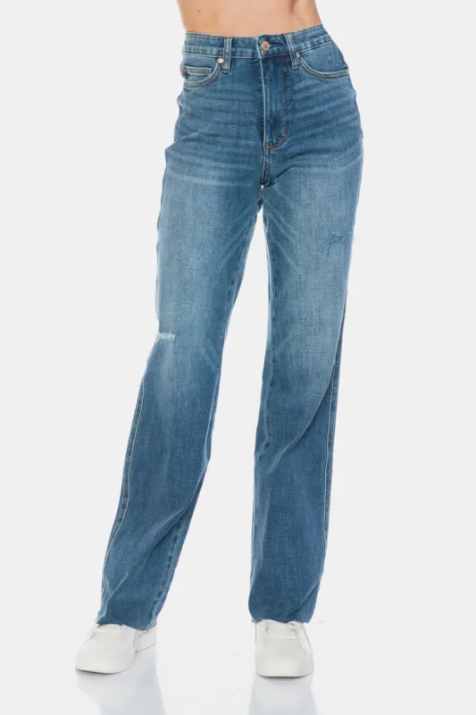 Judy Blue Full Size Tummy Control Cut Raw Hem Straight Jeans sold by Charming Charlie