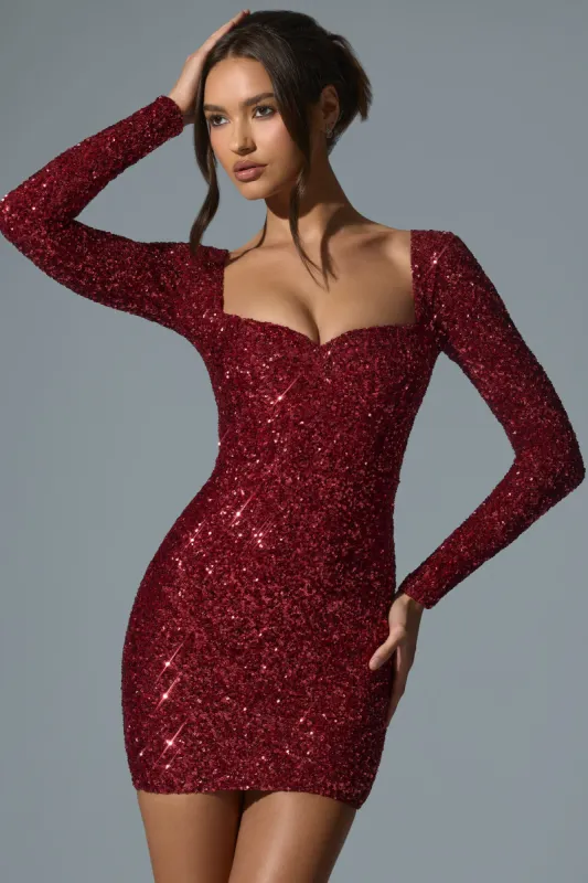 Embellished Sweetheart-Neck Mini Dress in Red sold by Oh Polly
