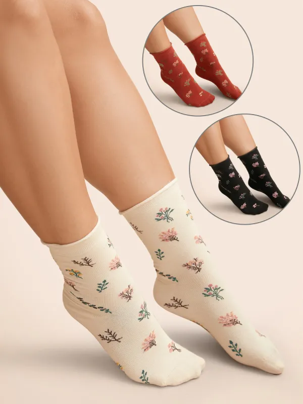 Floral Printed Three Pair Socks sold by Bloomchic