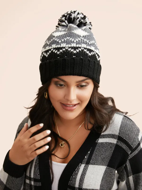 Geometric Jacquard Fluffy Ball Hat sold by Bloomchic