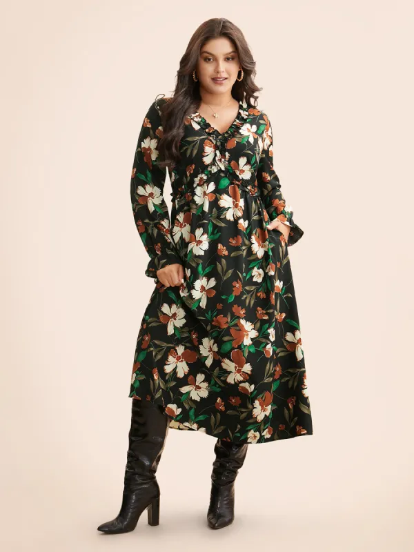 Floral Elastic Waist Frill Trim Midi Dress sold by Bloomchic