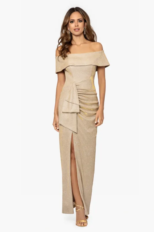 Xscape Evenings "Tessa" Glitter Off the Shoulder Evening Dress 5055X sold by Terry costa