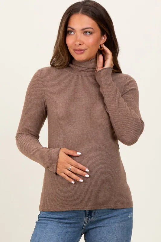 Mocha Ribbed Knit Ruffle Edge Turtleneck Maternity Top sold by Pinkblush