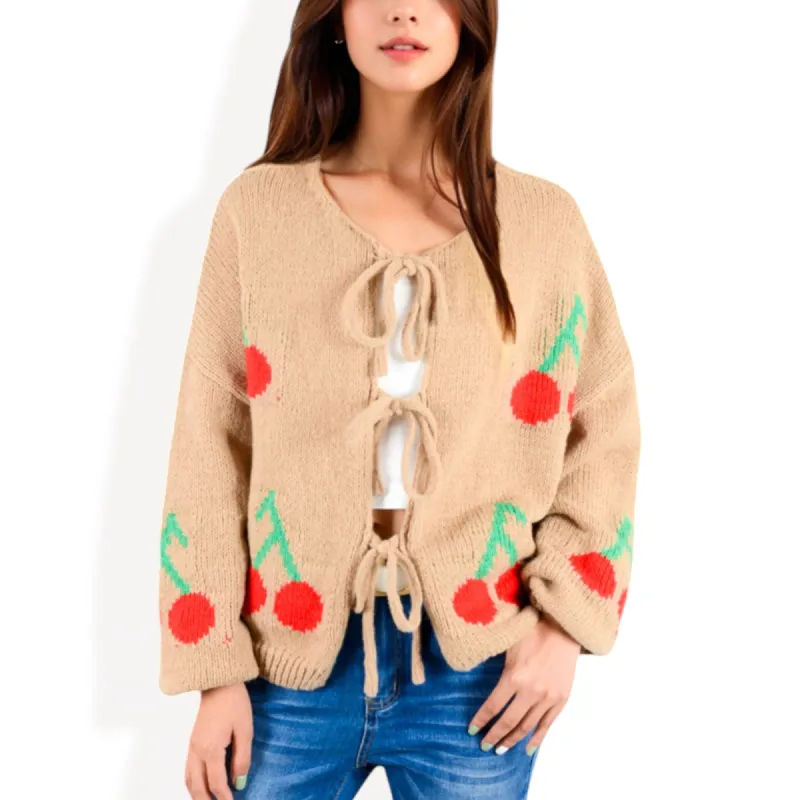 Anna-Kaci Women's Chunky Knit Tie-Front Cardigan with Cherry Pattern sold by Anna-Kaci