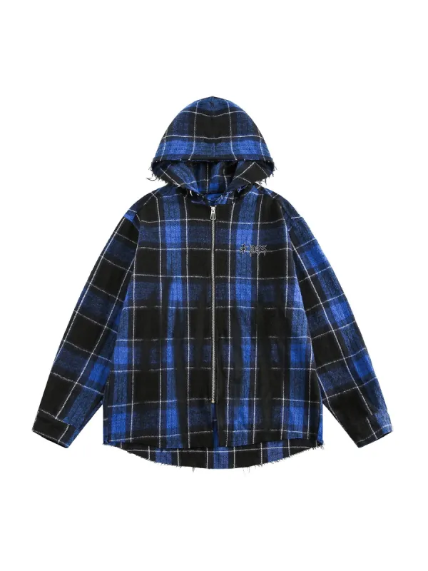 Thesupermade Plaid Brushed Cardigan Hooded Shirt sold by Thesupermade