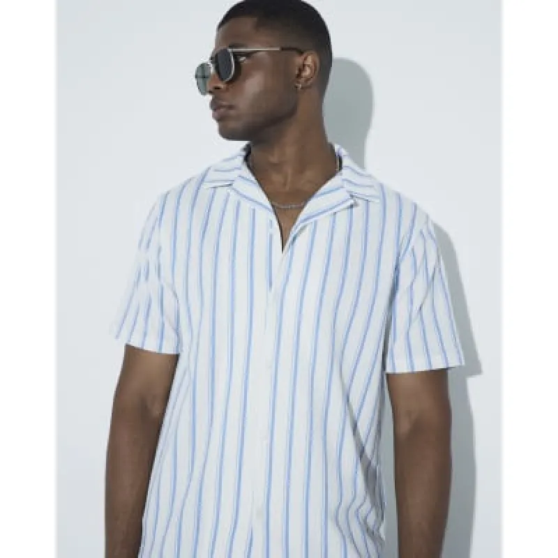 Ecru Regular Fit Stripe Textured Revere Shirt sold by River Island