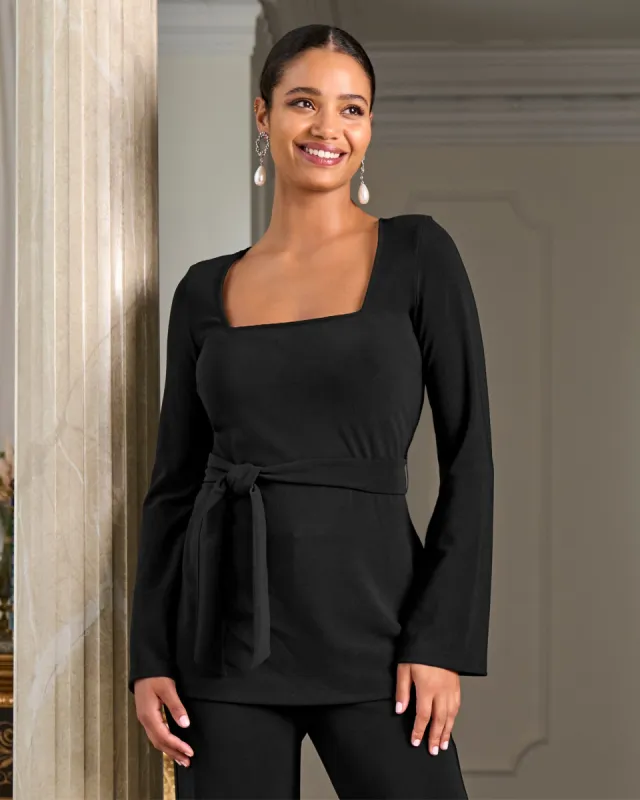 Beyond Travel Square Neck Tie Waist Top Jet Black sold by Boston Proper