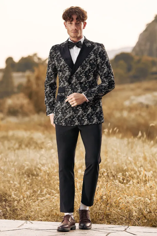 Black Jacquard 2 Pieces Peak Lapel Double Breasted Men's Prom Suits sold by Zapaka