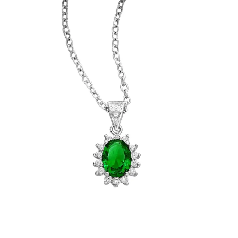 Sterling Silver Pear-Shaped CZ Simulated Diamond Oval Pendant Necklace in Emerald - White sold by Zulily