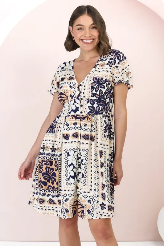 Aurelia Mini Dress - Button-Down Flutter Sleeve Dress in Alphy Print sold by Salty Crush