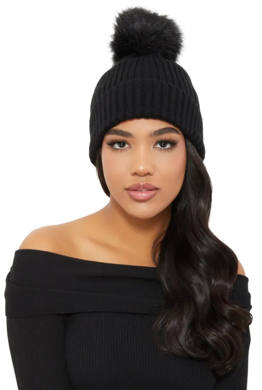 Ribbed Knit Faux Fur Pom Pom Beanie sold by Rainbow