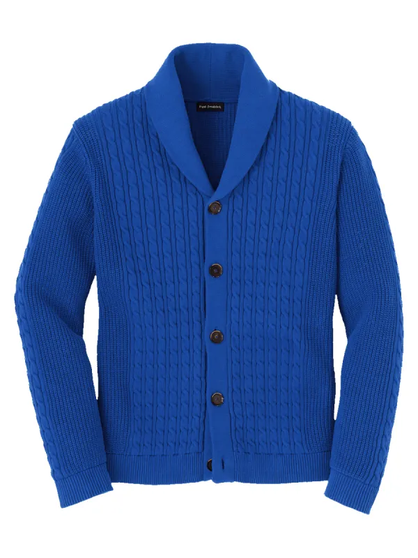 Cotton Cable Button Front Shawl Collar Cardigan - Cobalt sold by Paul Fredrick