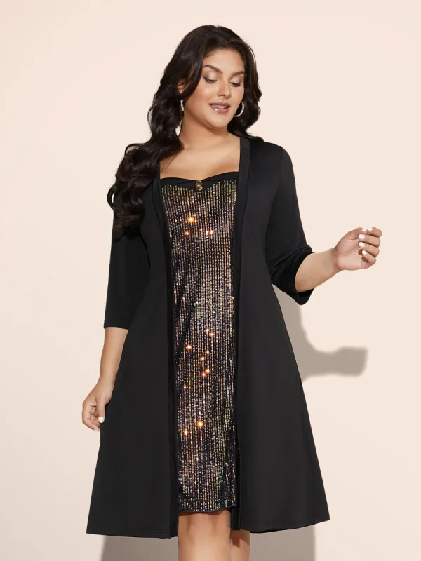Heart Neckline Patchwork Sequin Button Detail Dress sold by Bloomchic