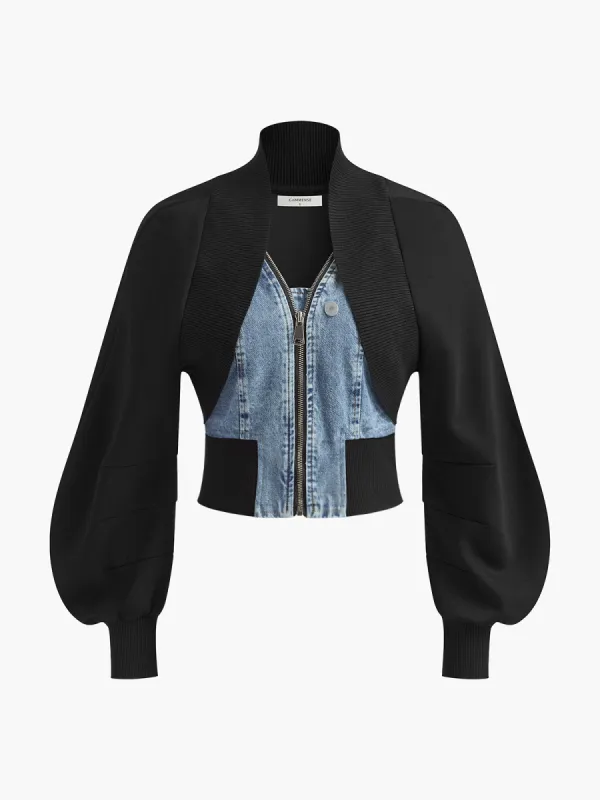 Puff-Sleeve Denim Panel Slim Jacket sold by COMMENSE
