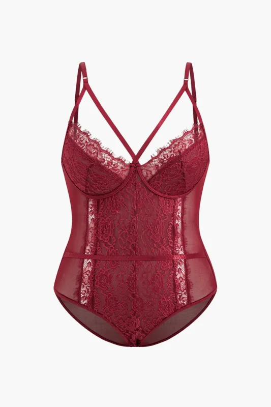 Plus Size Solid Lace Trim Patchwork Lingeri Bodysuit sold by Micas