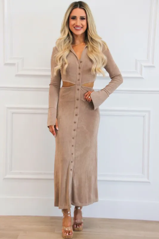 Savani Cutout Button Up Midi Dress: Taupe sold by Bella and Bloom
