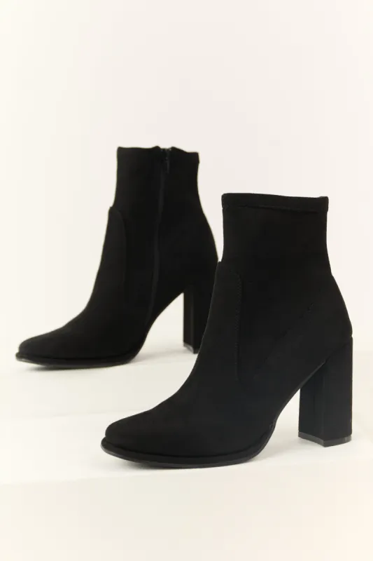 Black Chunky Square Heel Faux Suede Booties sold by Lime Lush