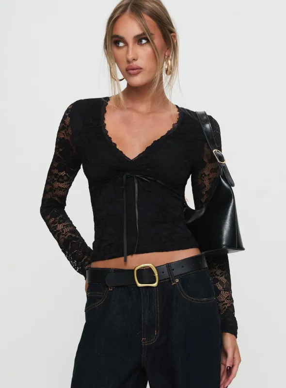 Temptation Incoming Long Sleeve Lace Top Black sold by Princess Polly