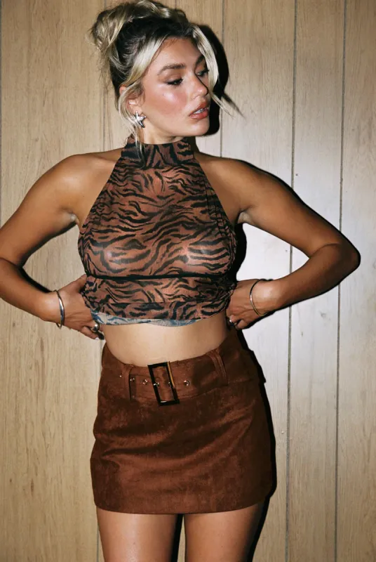 Movita Belted Mini Skirt Brown sold by Princess Polly