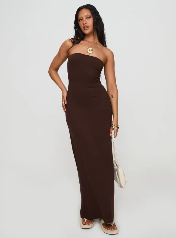Bellaire Strapless Maxi Dress Brown sold by Princess Polly