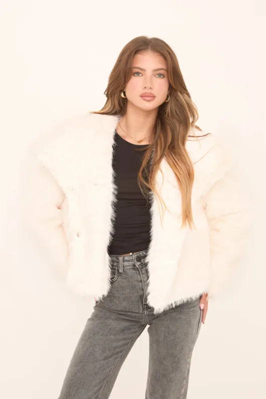 Cream Faux Fur Waterfall Long Sleeves Cropped Coat - Scottie sold by Rebellious Fashion