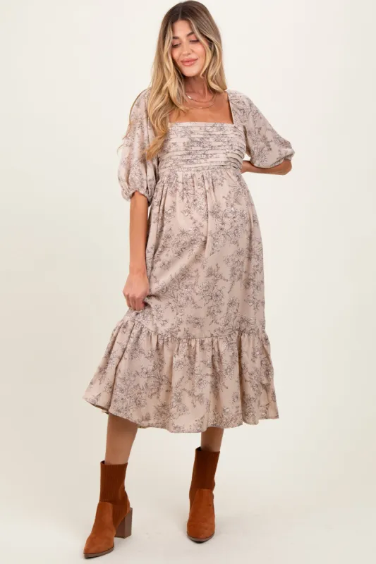 Beige Floral Pleated Bodice Maternity Midi Dress sold by Pinkblush