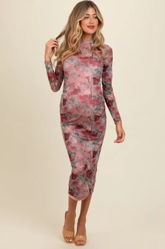 Mauve Floral Printed Mesh Overlay Maternity Maxi Dress sold by Pinkblush