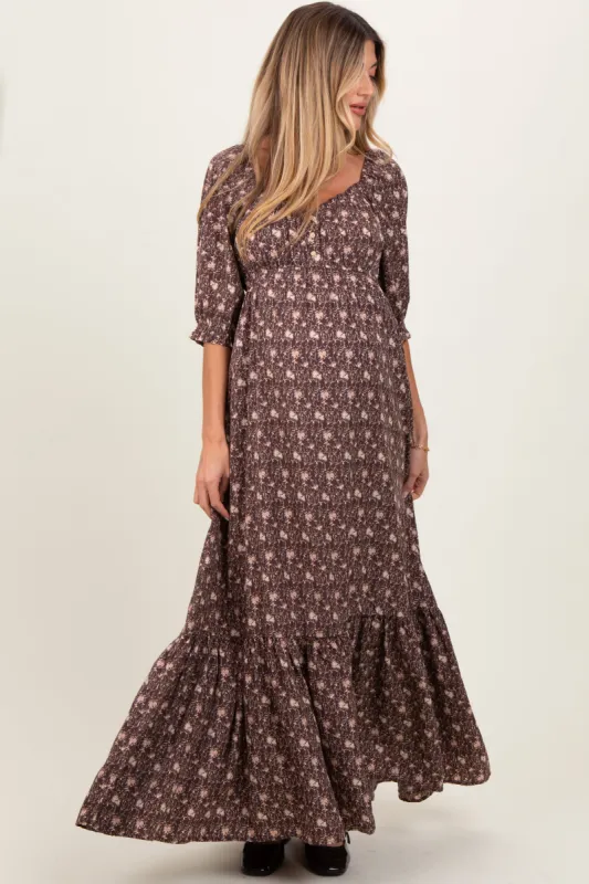 Chestnut Floral Sweetheart Neckline Maternity Maxi Dress sold by Pinkblush