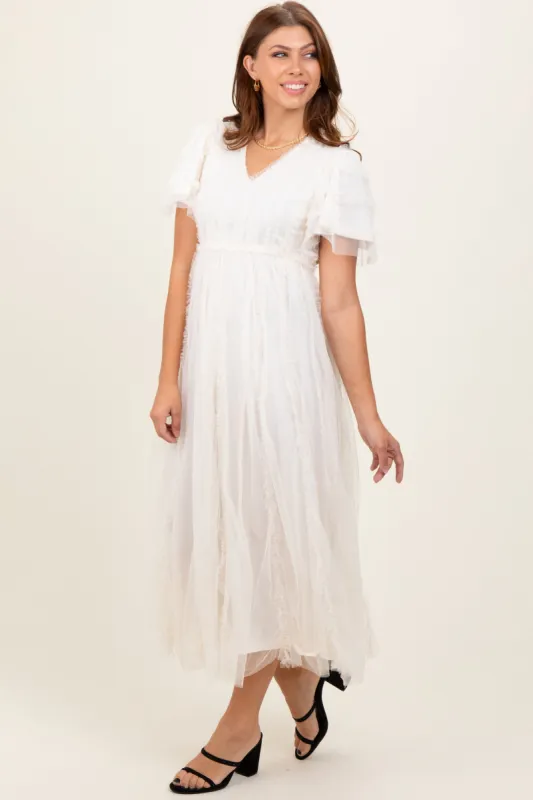 Cream Ruffle Accent Mesh Overlay Maxi Dress sold by Pinkblush