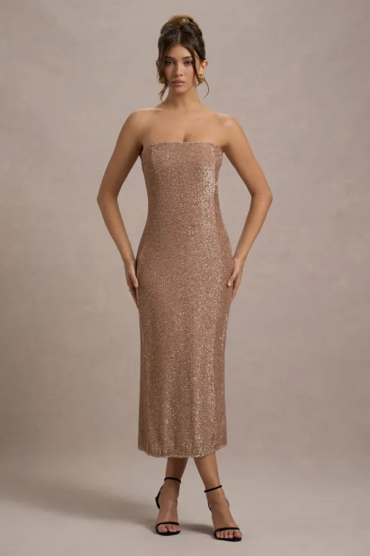 Lilabelle | Rose Gold Plisse Sequin Bandeau Midi Dress sold by Club L London