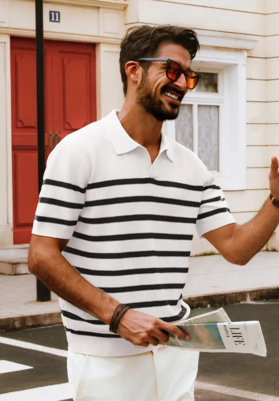Men Striped Knitwear Short Sleeve Lapel Collar V-Neck Knitted Polo-Shirt Tops sold by Paul Jones