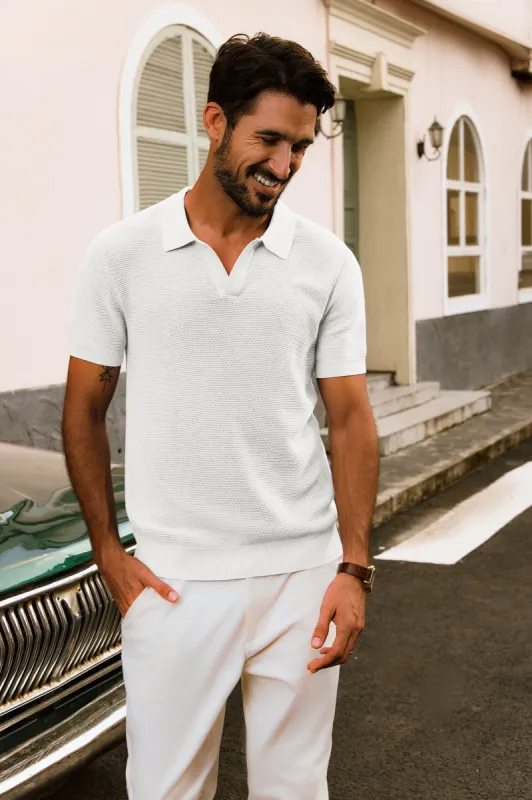 Men Textured Knitted Polo-Shirt Short Sleeve Lapel Collar V-Neck Tops sold by Paul Jones