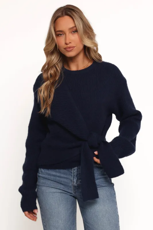 Ettie Wrap Side Tie Knit Sweater - Navy sold by Petal & Pup