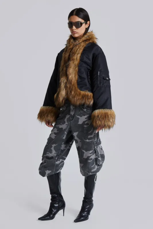 Evren Faux Fur Bomber Jacket in Black sold by Jaded London