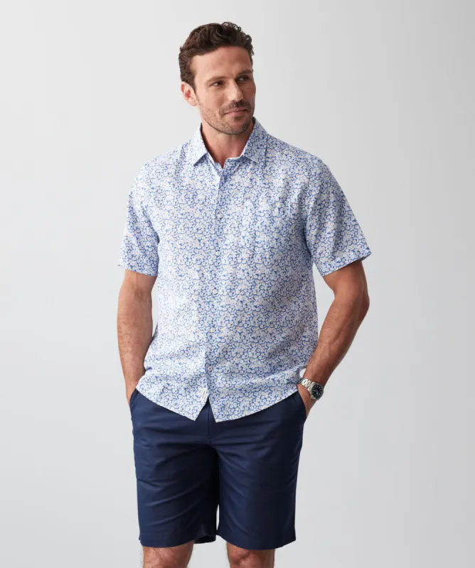 Linen Blend Mini Floral Short Sleeve Shirt - Blue sold by GAZMAN