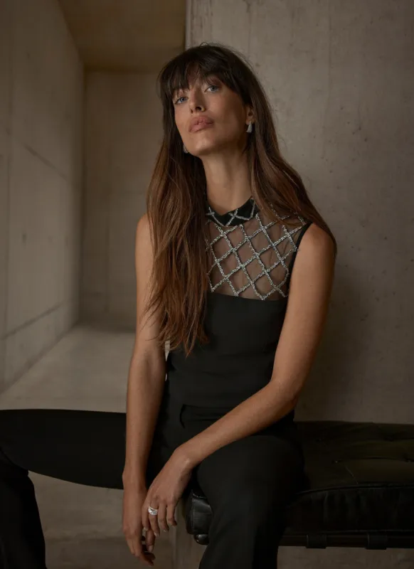 Black Embellished Mesh Top sold by Mint Velvet