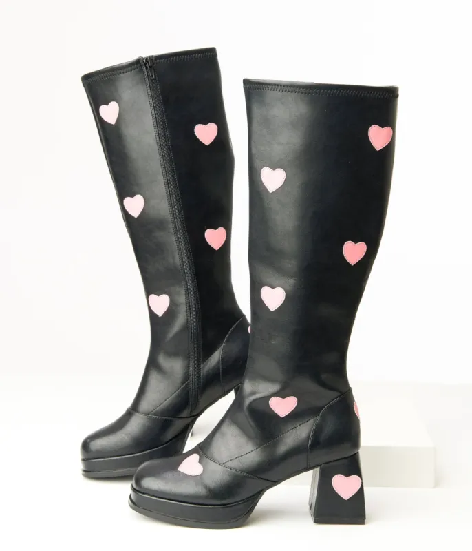Unique Vintage Black & Pink Hearts Leatherette Knee High Boots sold by Unique Vintage