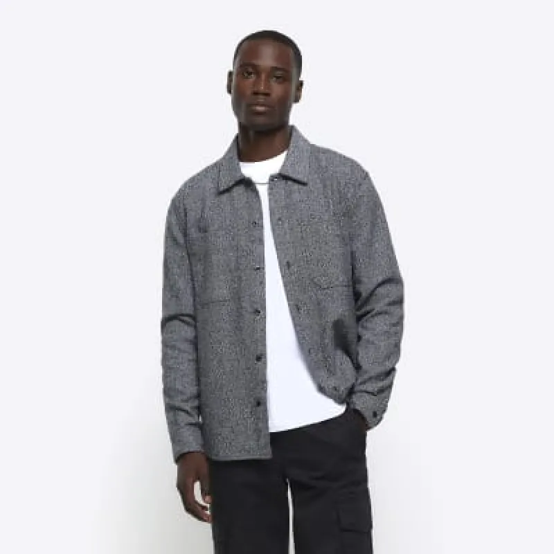 Grey regular fit textured long sleeve shirt sold by River Island