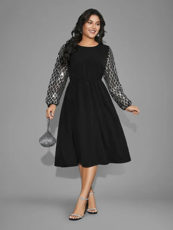 Texture Sequin Mesh Patchwork Belted Dress sold by Bloomchic