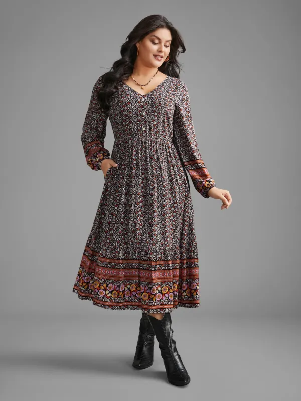 Boho Print Elastic Waist Button Detail Dress sold by Bloomchic