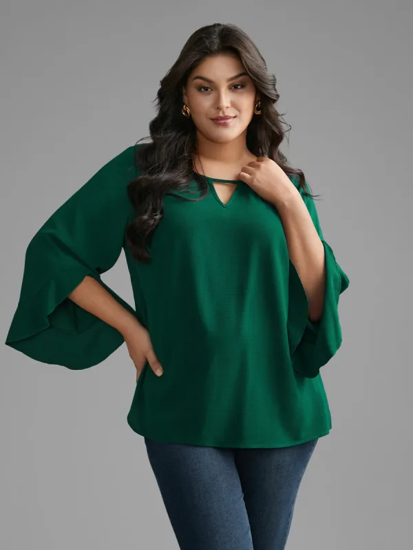 Solid Keyhole Ruffle Sleeve Blouse sold by Bloomchic