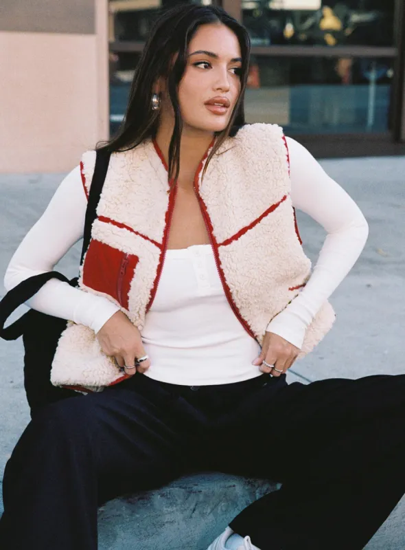 Senna Sherling Vest Jacket Cream / Red sold by Princess Polly