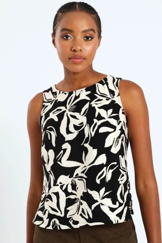 Curved Hem Linen Shell Tank Top - Black/Beige sold by Edgars