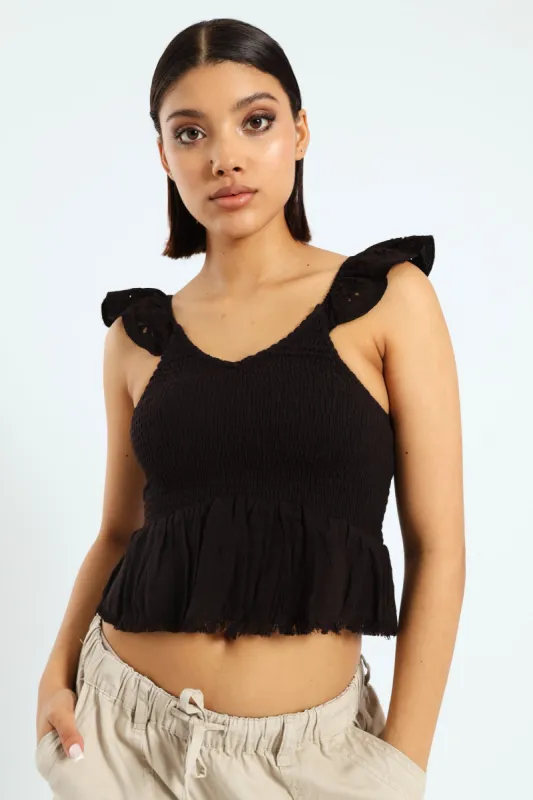Embroidered Cap Sleeve Gause Top - Black sold by Edgars