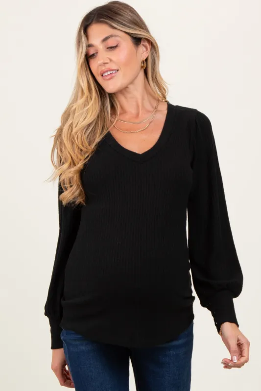 Black Ribbed Knit V-Neck Button Cuff Maternity Top sold by Pinkblush