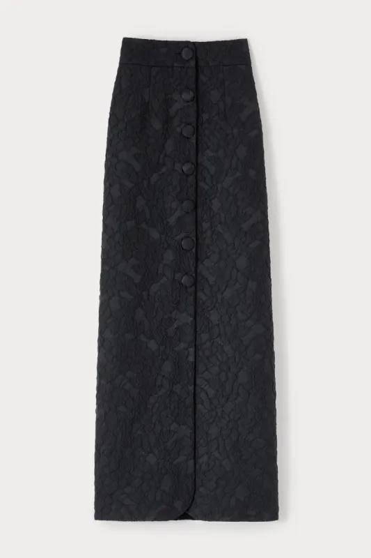 Black embossed button-front midi skirt sold by DESTREE