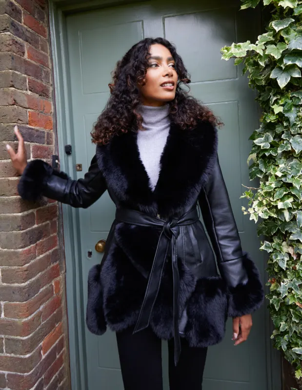 Panel Faux Fur Pu Belted Coat sold by Blue Vanilla